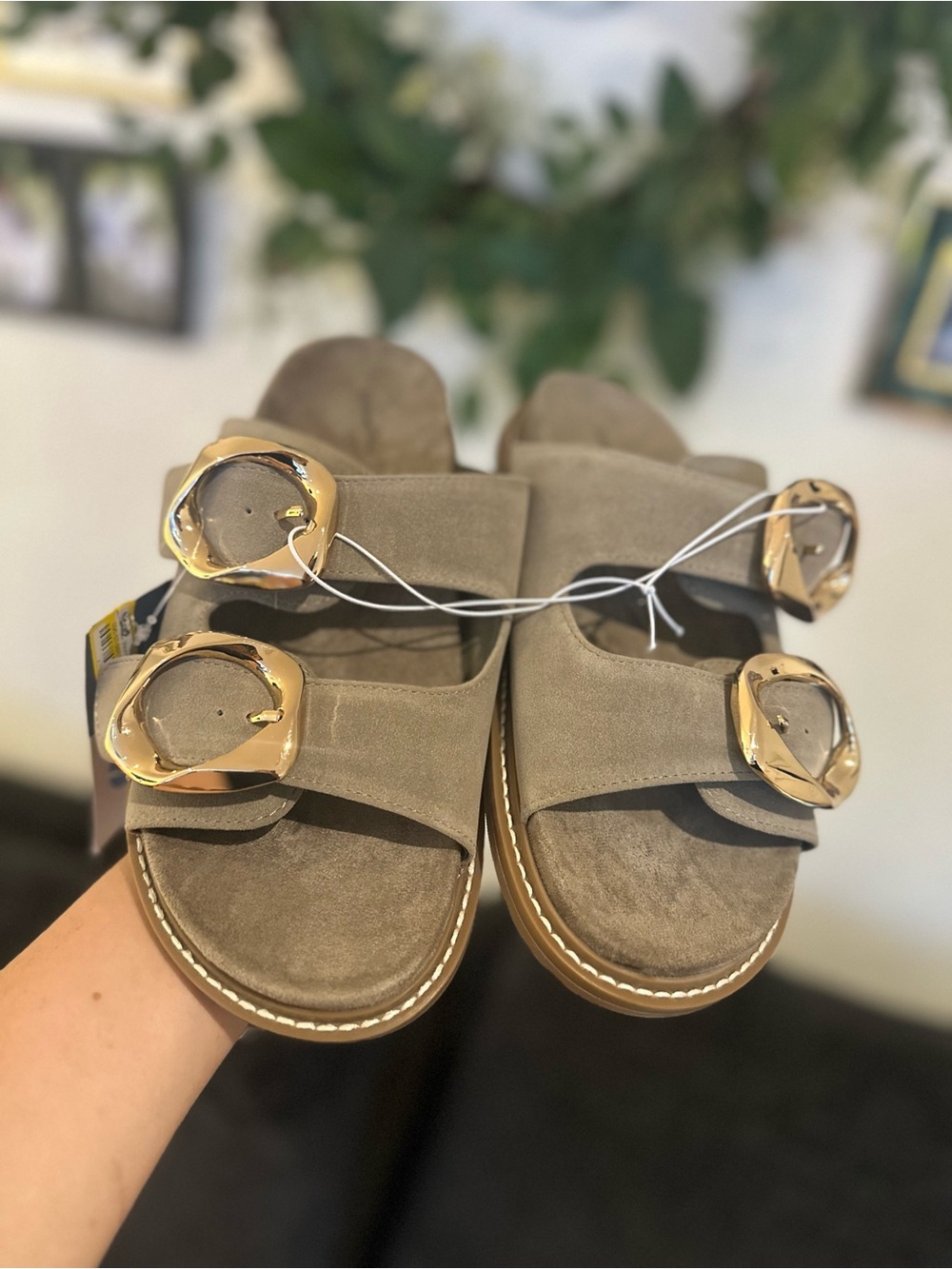 Universal Thread Taupe Suede Double-Buckle Slide Sandals with Gold Buckles
